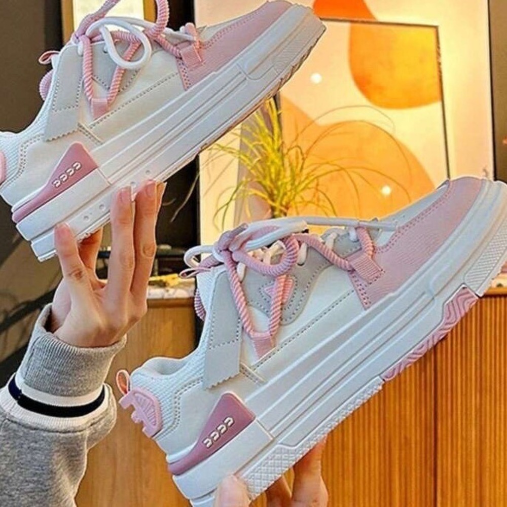 SHEIN Fashion Sneakers Chunky Platform Lace Up Casual Shoes White Pink Sz 8 - Picture 14 of 16
